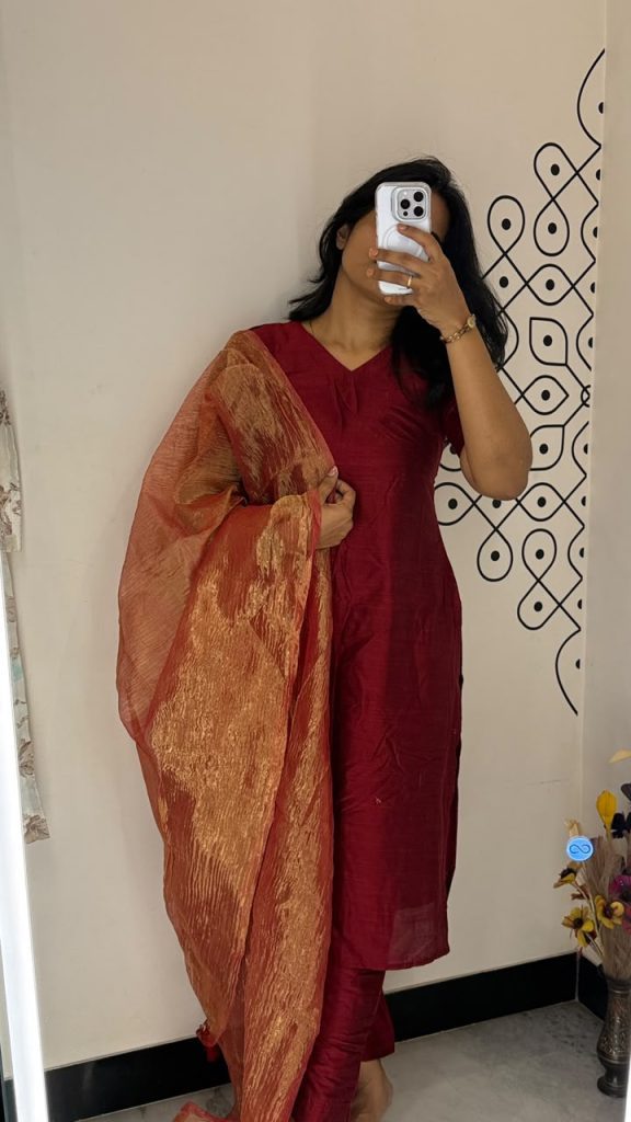 Red with Crushed Duppata 3 Piece Set