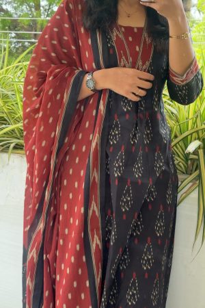 Black with Red Ikkat Cotton 3 piece set Readymades009 (HA)
