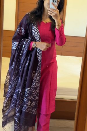 Rani pink silk cotton Kurti 2 piece / 3 piece set (HA)