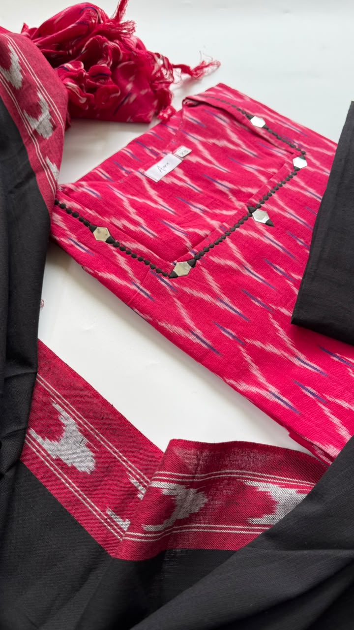 Aara016 Ikkat Cotton Pink with Black Mirror Work With Embroidery 3 Piece set - Image 2