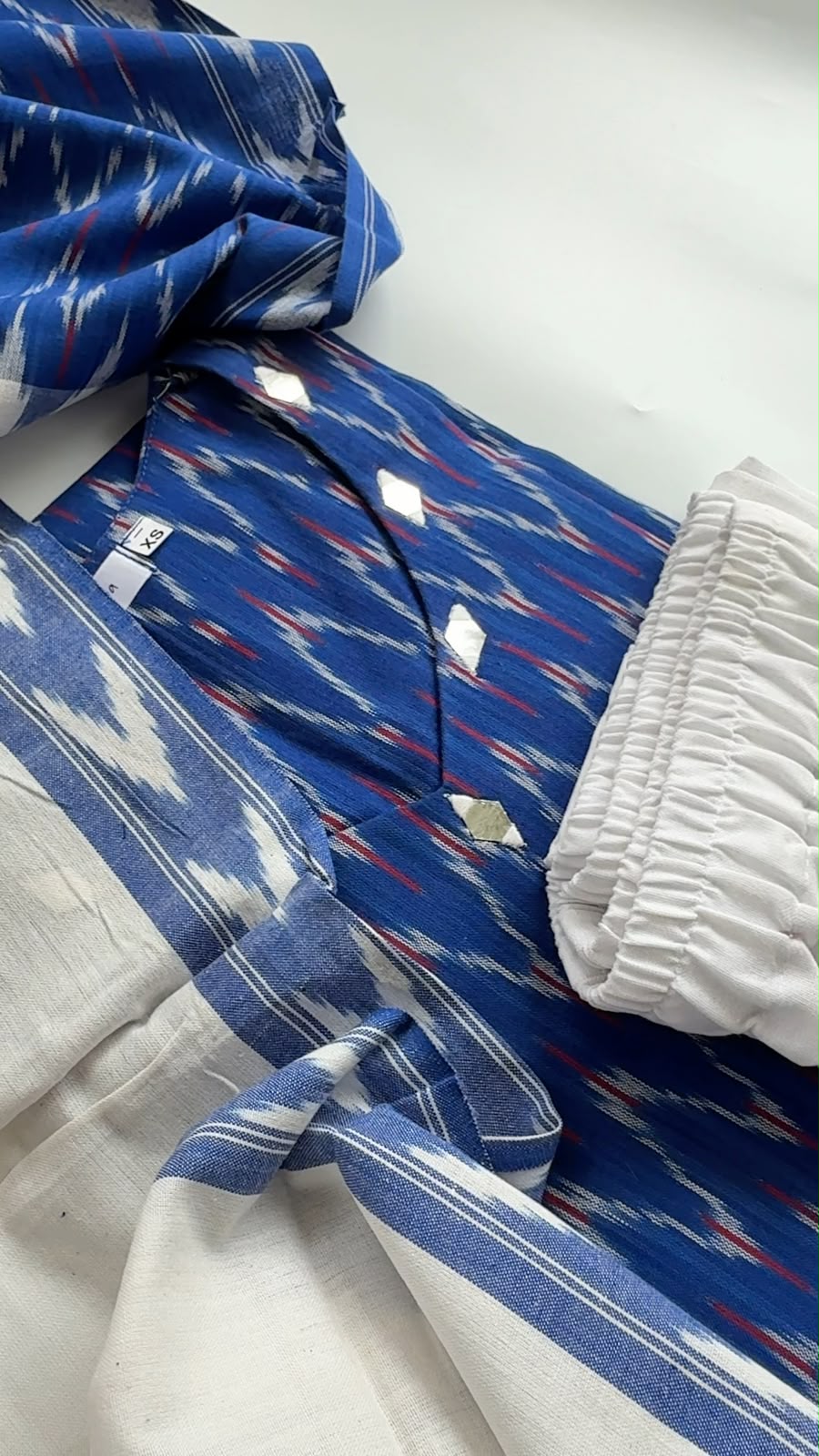 Aara015 Ikkat Cotton Blue with White Mirror Work With Embroidery 3 Piece set - Image 2