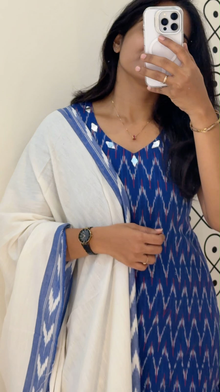 Aara015 Ikkat Cotton Blue with White Mirror Work With Embroidery 3 Piece set