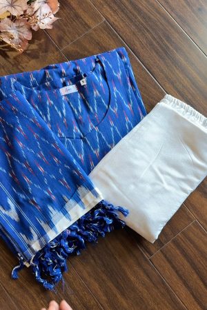 Aara015 Ikkat Cotton Blue with White 3 Piece set