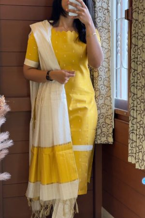 Aara021 Butter Silk Yellow with White 3Piece Set