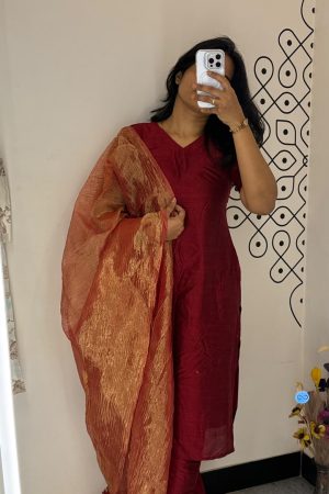Red with Crushed Duppata 3 Piece Set
